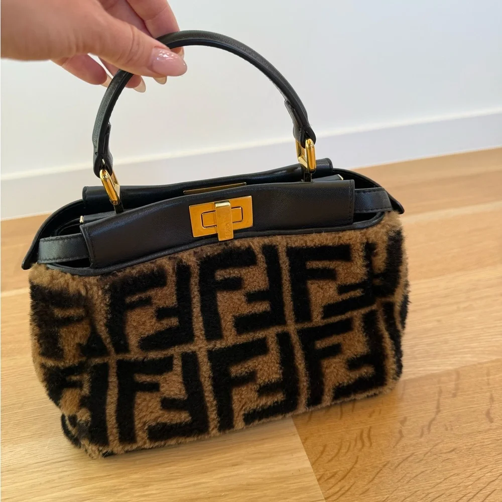 Fendi Brown & Black Faux Fur Mini Peekaboo Bag with Gold Hardware - Picture 3 of 8